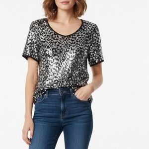 NWT Pleione Sequin Sparkle Short Sleeve Blouse Top Party Black Silver Sz MP